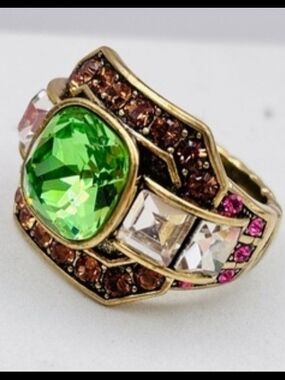 Heidi Daus Green Crystal Ring with Brown, Clear & Pink Accents